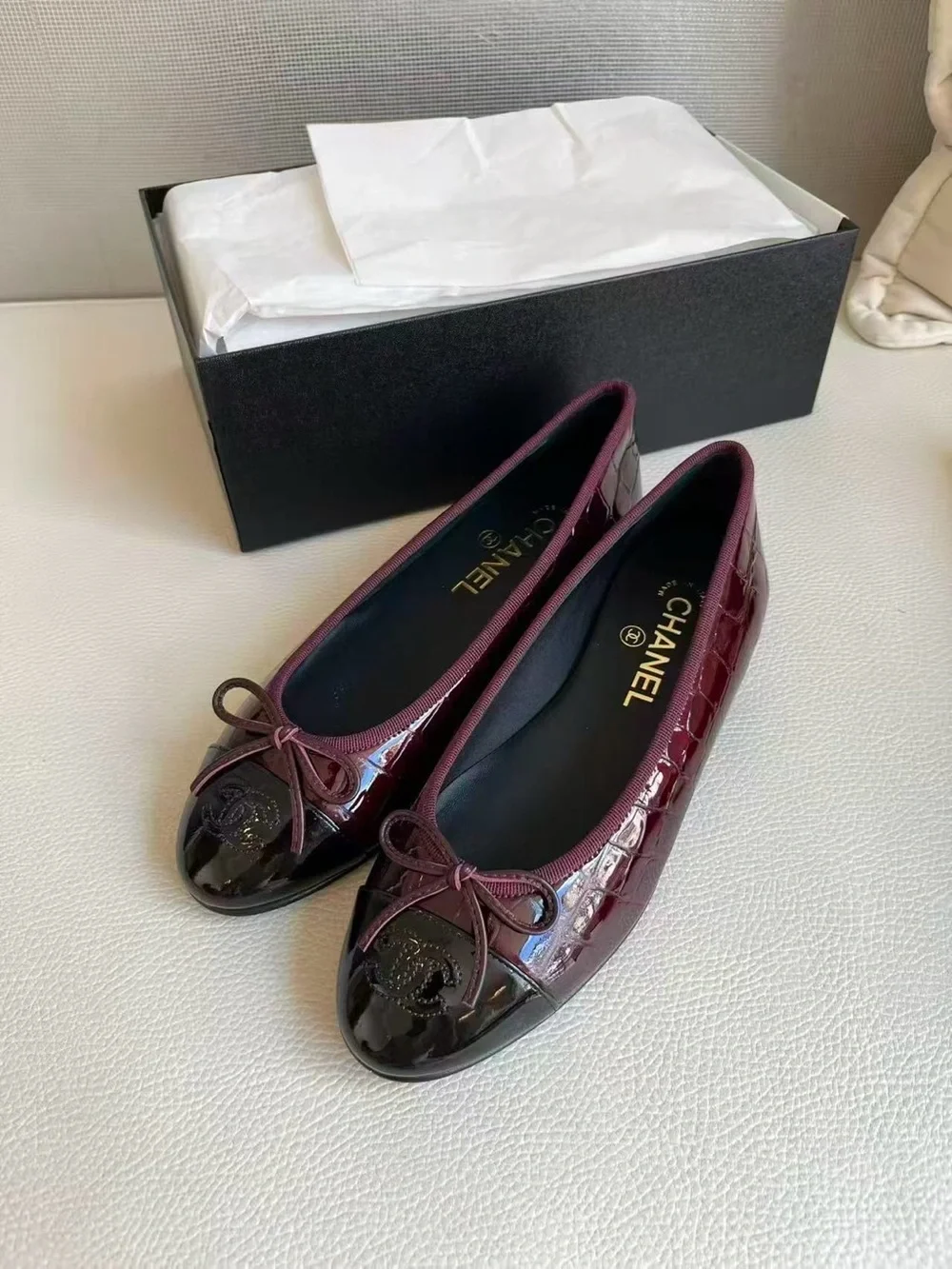 CHANEL Burgundy Patent Leather Cap-Toe Ballet Flats with Black Toes